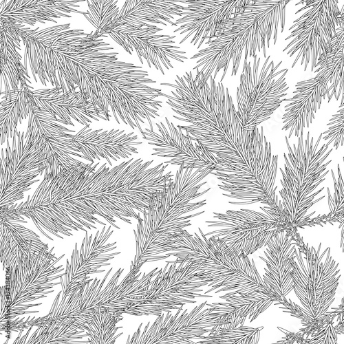 Fototapeta Naklejka Na Ścianę i Meble -  Vector fir branches seamless pattern. Black and white background with outline hand drawn fir. Design for fabric, textile print, wrapping paper. Winter holidays texture.