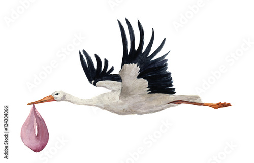 Photo Watercolor hand painted flying white stork with girl baby