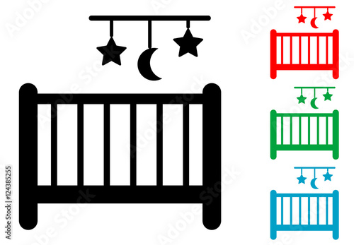 Icono plano cuna con juguete movil varios colores