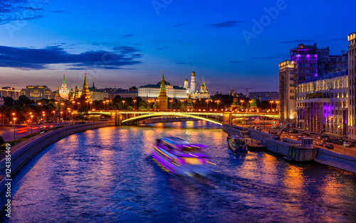 Night view of Moscow Kremlin and Moscow River in Moscow, Russia