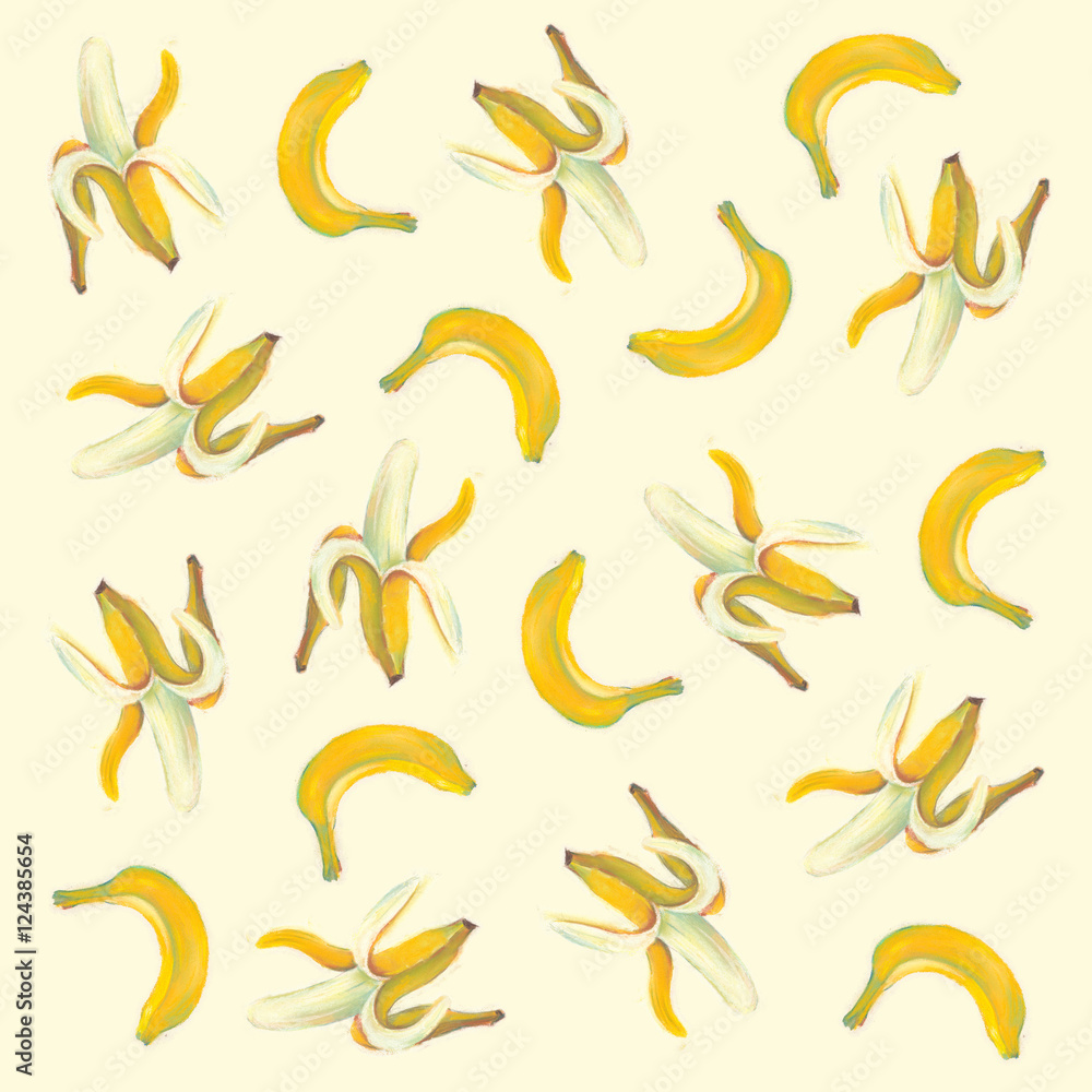 Author's pastel illustration with banana for poster, flyer, season caffe, web banners, labels for food, drink and cosmetics, seamless pattern. Author's pastel illustration with banana for poster, flyer, season caffe, web banners, labels for food, drink and cosmetics, seamless pattern.
