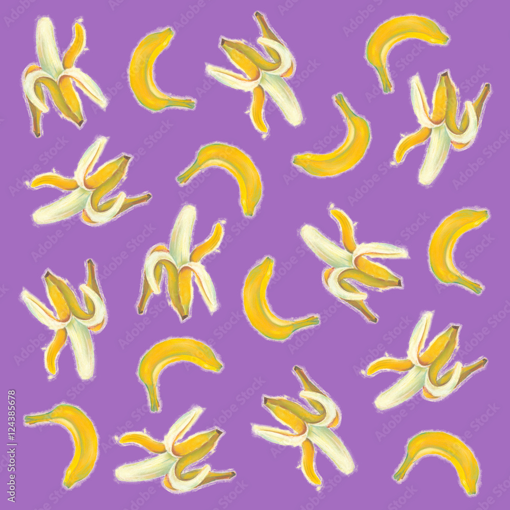 Author's pastel illustration with banana for poster, flyer, season caffe, web banners, labels for food, drink and cosmetics, seamless pattern. Author's pastel illustration with banana for poster, flyer, season caffe, web banners, labels for food, drink and cosmetics, seamless pattern.