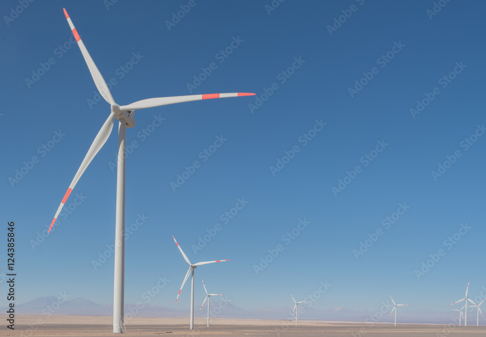 Fototapeta premium Windmill turbines in a wind farm in the Atacama Desert near Calama, Chile