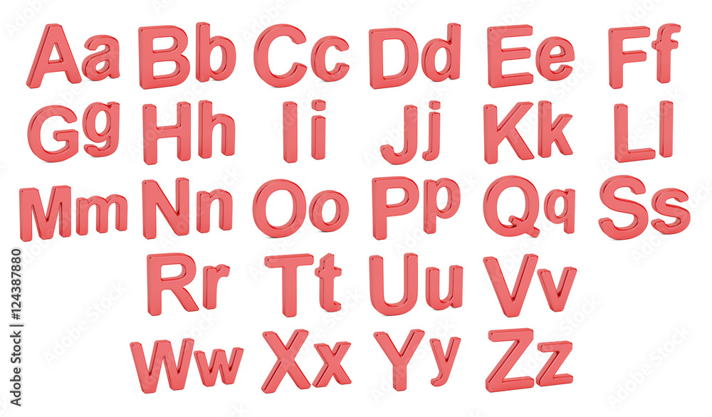 Red alphabet, large and small letters, 3D rendering Red alphabet, large and small letters, 3D rendering