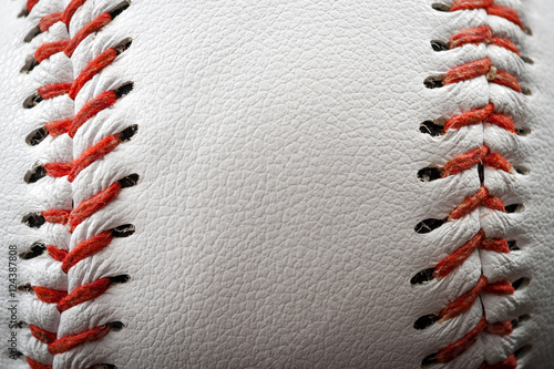 Macro image of a baseball with the closeup on the stitches with copy space