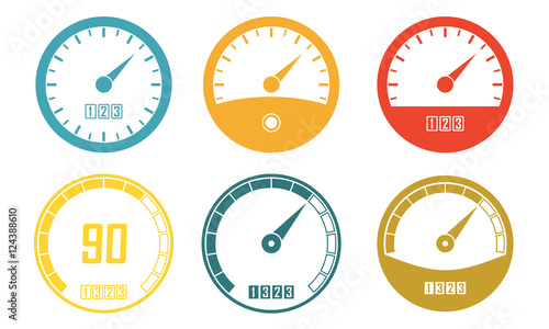 Speedometer or gauge icons set isolated on white background. Infographic and car instrument design elements. Colorful vector illustration. 