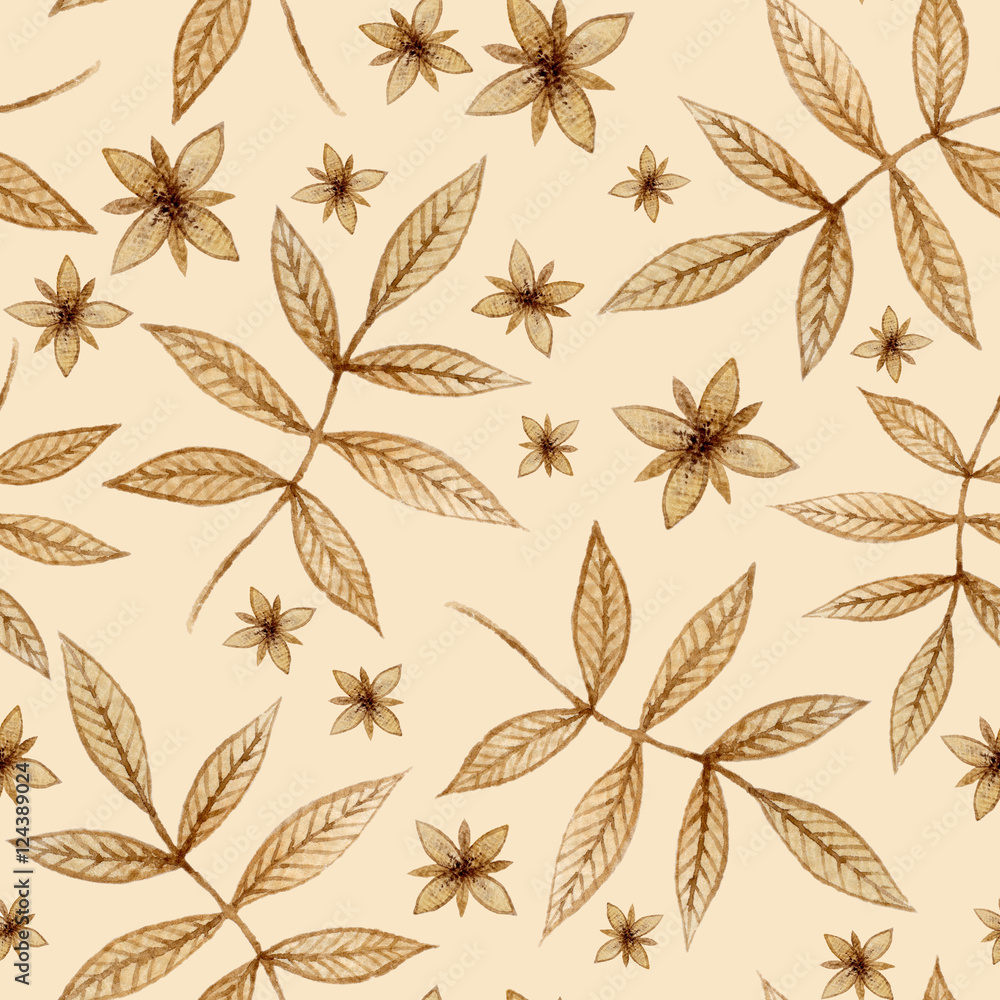 Watercolor seamless pattern with beige floral elements. Background texture, fabric, textile, wrapping paper design