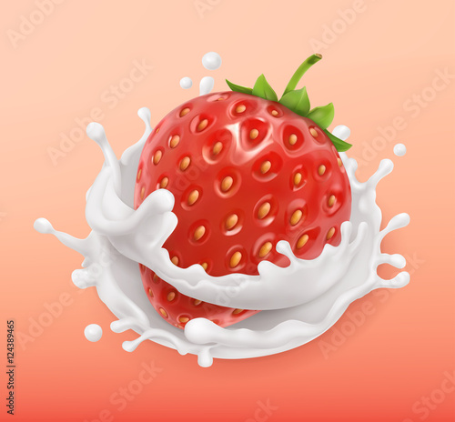 Strawberry and milk splash. Fruit and yogurt. Realistic illustration. 3d vector icon