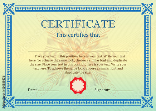 Certificate or Diploma of completion design template with ornamental frame or border. Vector illustration of Certificate of Achievement, coupon, award, winner certificate.