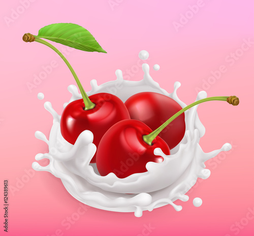 Cherry and milk splash. Fruit and yogurt. Realistic illustration. 3d vector icon