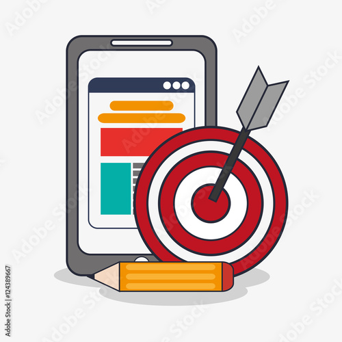 Smartphone pencil and target icon. digital marketing media and seo theme. Colorful design. Vector illustration