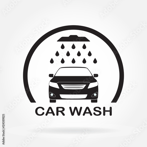 Car wash icon or label with auto shower and water drops. Vector illustration of washing vehicle symbol in flat design.