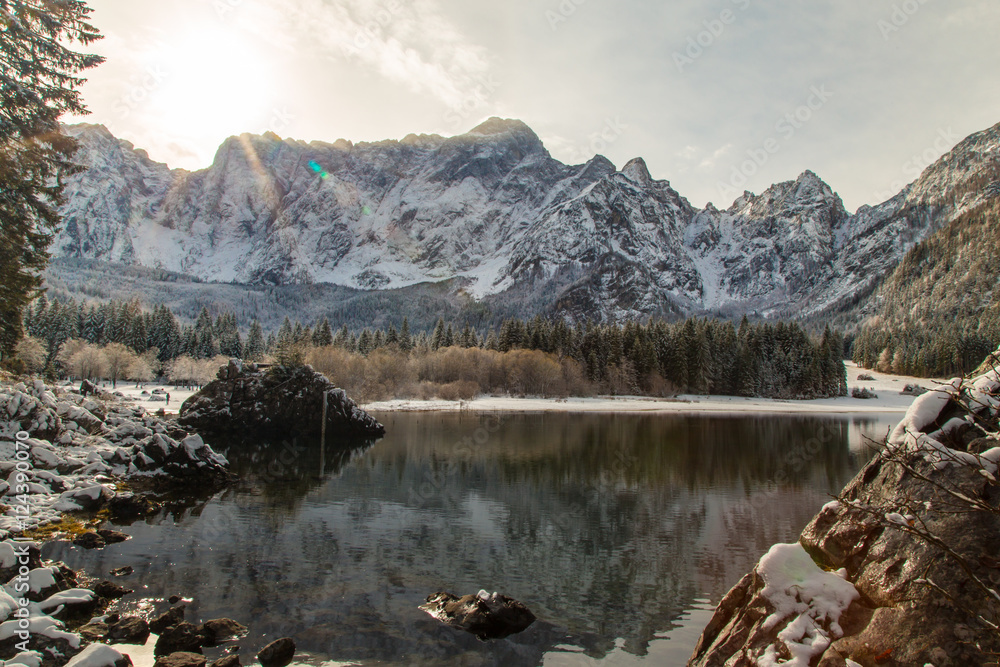 first snow at the mountain lake first snow at the mountain lake
