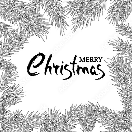 Merry Christmas vintage greeting card. Vector square frame with hand drawn fir branches. Black and white winter holiday background. Design concept for banner, invitation card, poster.