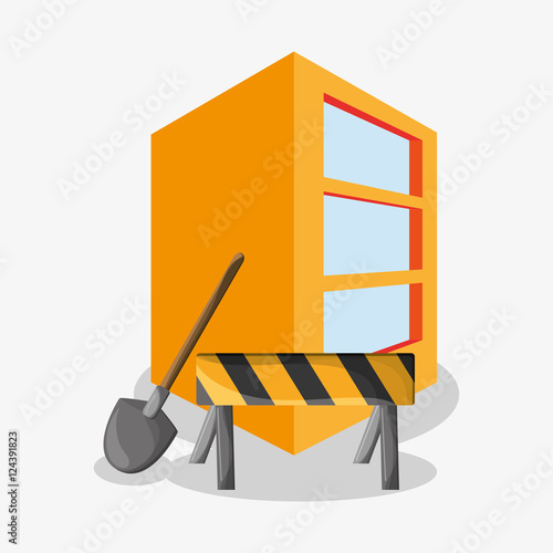 Barrier shovel and building icon. Under construction work repair and progress theme. Colorful design. Vector illustration