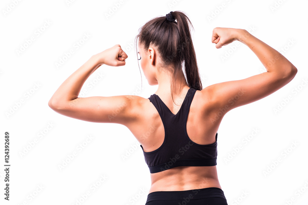 Back of trained fitness girl on white Back of trained fitness girl on white
