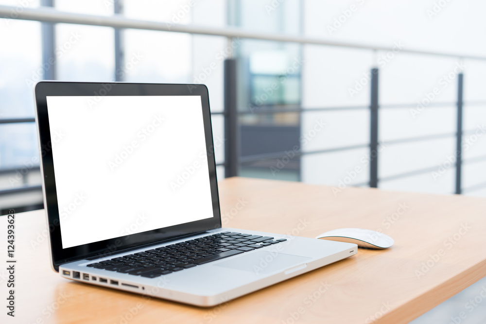 Fototapeta premium Laptop blank screen in the library and office