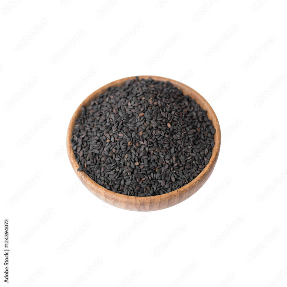 black sesame in wooden bowl on white background