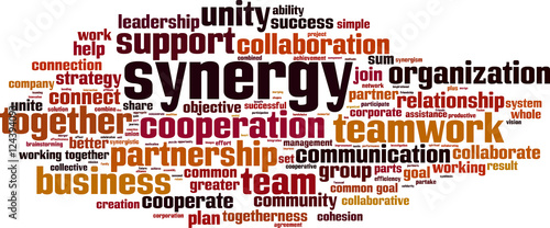 Synergy word cloud concept. Vector illustration