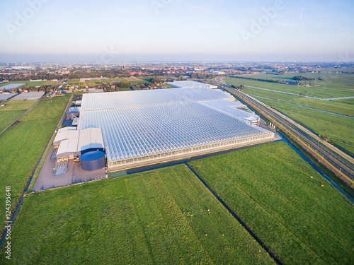 Aerial view of greenhouse in fields Netherlands