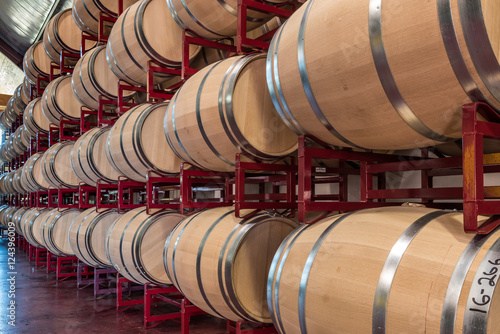Long Row of Wine Barrels on Rack