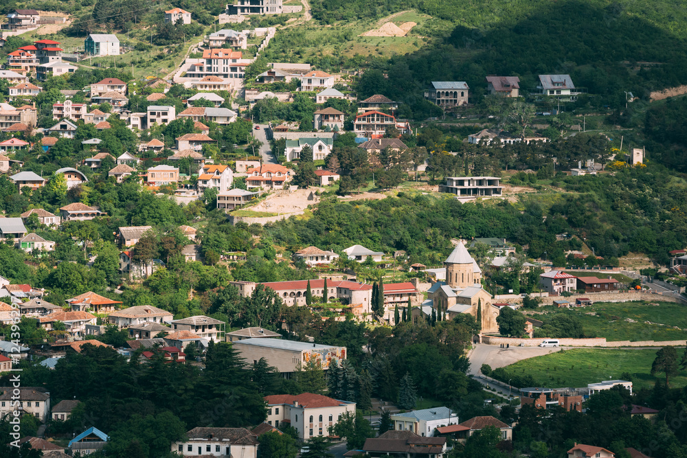 Naklejka premium Mtskheta, Georgia Top View Svetitskhoveli Cathedral Surrounded