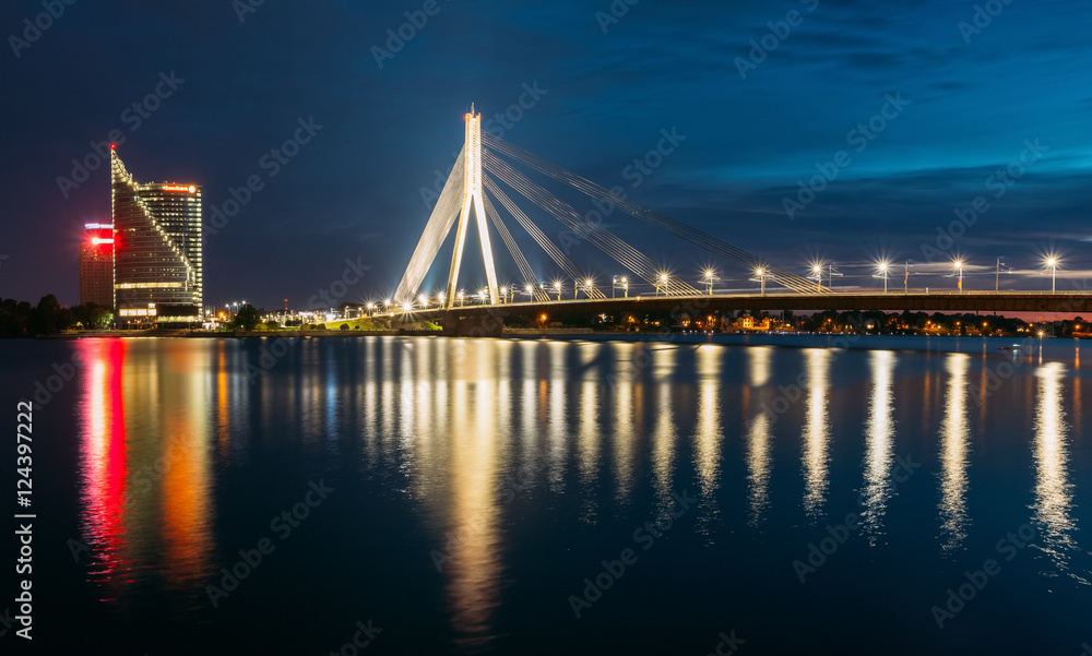 Riga Latvia. Scenic View Of Vansu Cable-Stayed Bridge In Evening