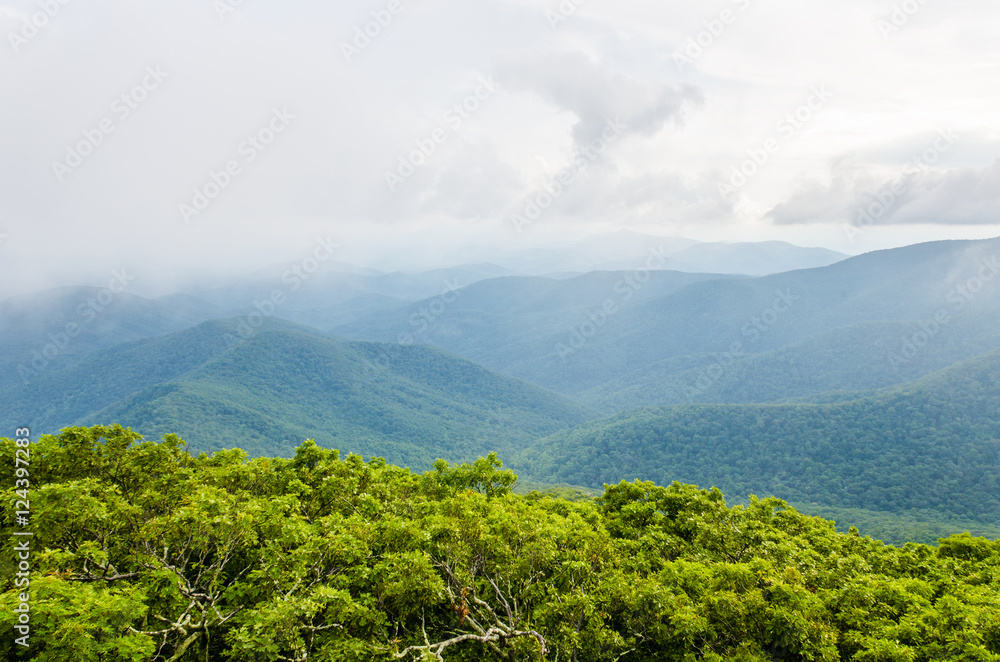 View from Mount Pleasant in Shenandoah Blue Ridge appalachian mountains with fog and valley