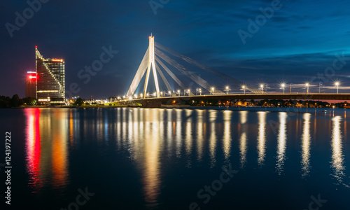 Riga Latvia. Scenic View Of Vansu Cable-Stayed Bridge In Evening