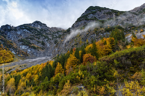 Autumn colorful fall trees high mountains scenery in the Alps. Austria, Tyrol.