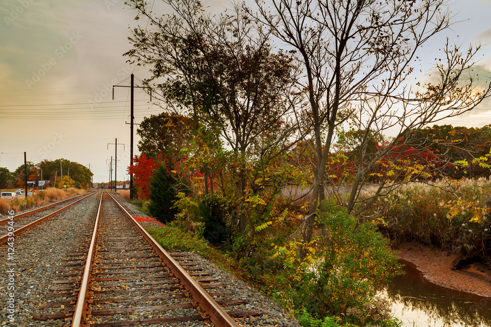 Railway track beautiful autumn forest bright warm Railway track beautiful autumn forest bright warm
