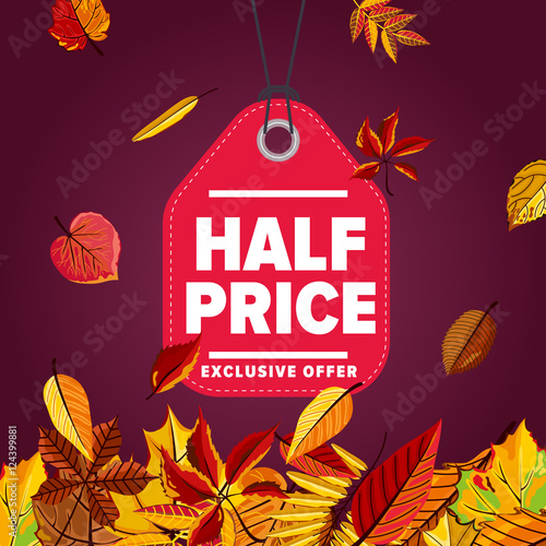 Autumn seasonal sale badge, vector illustration. Half price, exclusive offer label on purple background with colorful autumn leaves. Red price tag with white text. Autumnal discount.