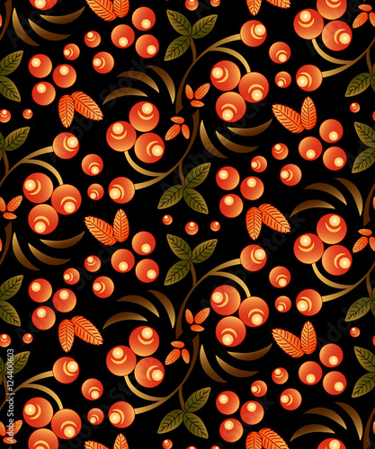 Seamless berry pattern with bunch of orange rowan on black background. Traditional russian Khokhloma ornament