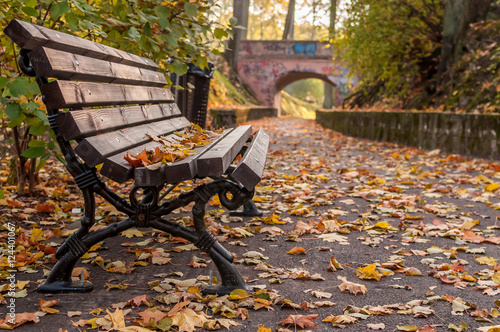 Autumn bench and path to the bridge