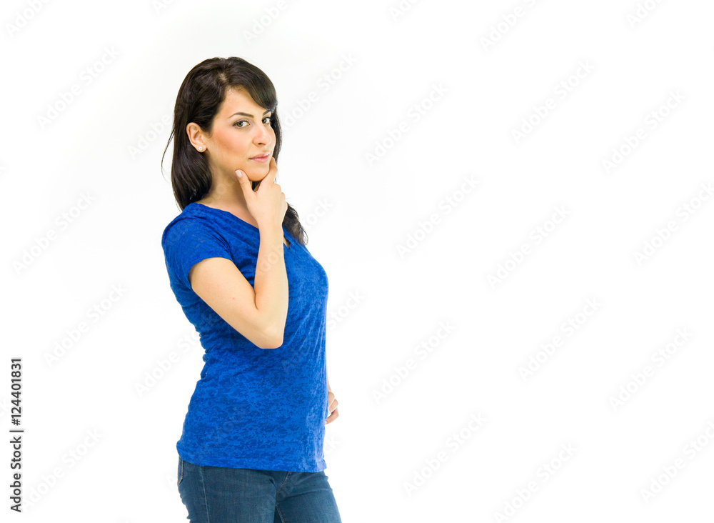 Model in studio isolated on white background medium shot Model in studio isolated on white background medium shot