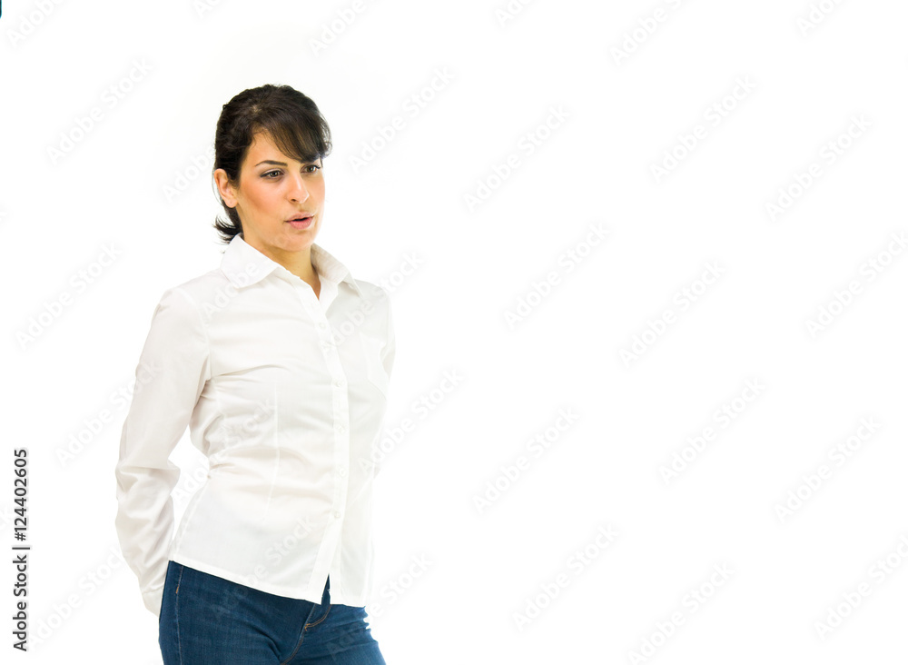 Model in studio isolated on white background medium shot Model in studio isolated on white background medium shot
