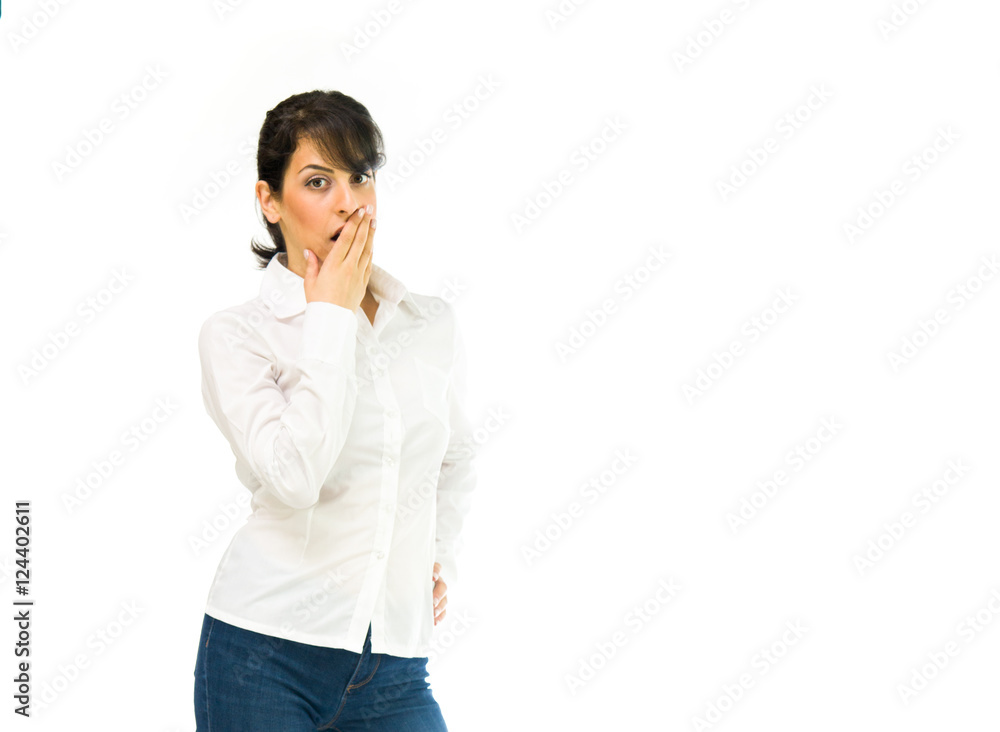 Model in studio isolated on white background medium shot Model in studio isolated on white background medium shot