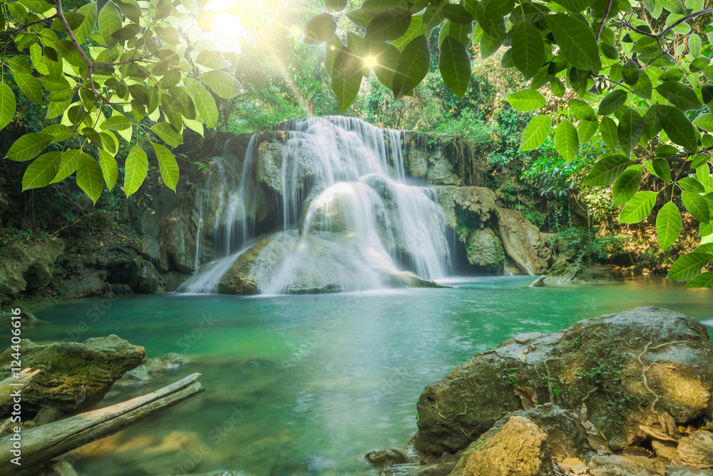 Waterfall with  wood floor