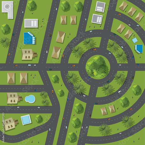 Top view of the city of streets, roads, houses, treetop, vector