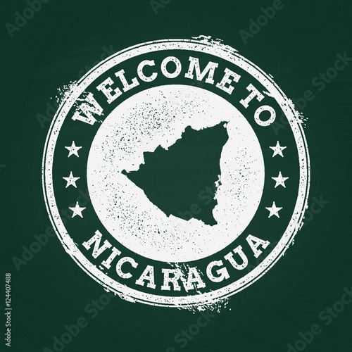 White chalk texture retro stamp with Republic of Nicaragua map on a green blackboard. Grunge rubber seal with country outlines, vector illustration.