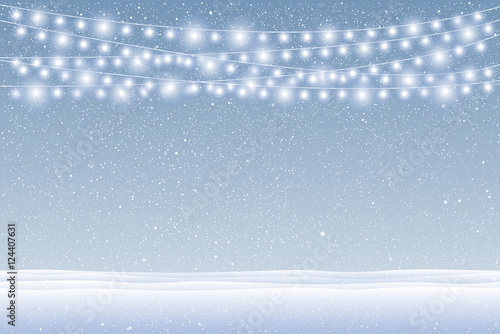 Vector snow falling on blue background. Garlands.