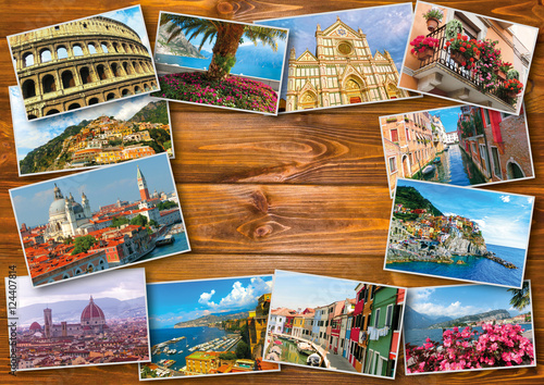 Collage from photos of Italy on wooden background