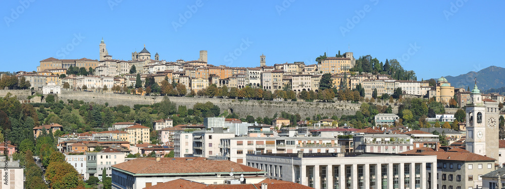 Bergamo - Old city (Citta Alta). One of the beautiful city in Italy. Lombardia. Landscape on the old city during a wonderful blu day.    