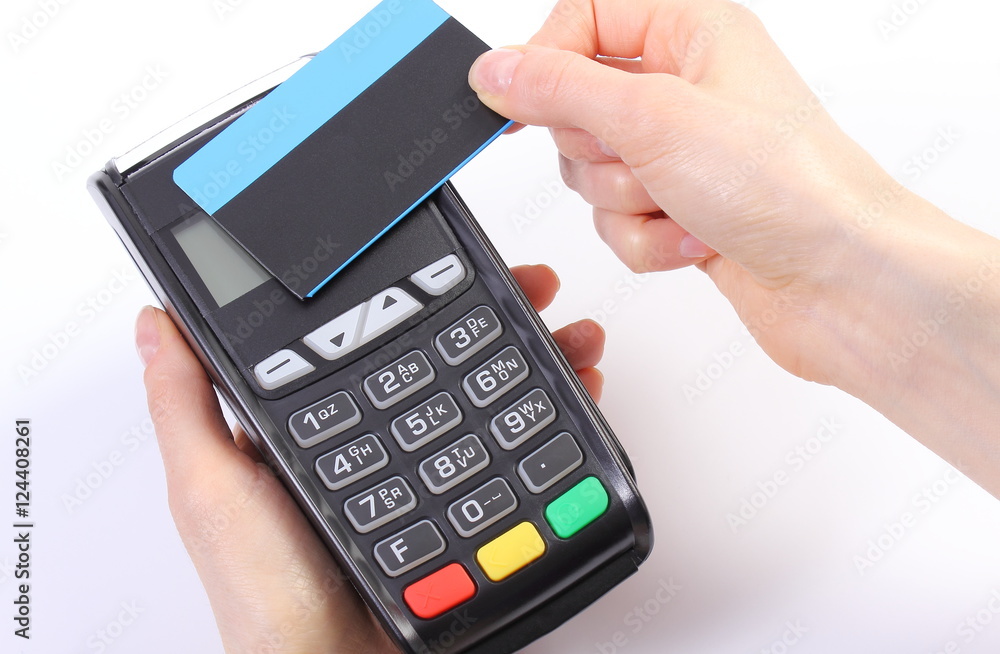 Using payment terminal with contactless credit card, finance concept Using payment terminal with contactless credit card, finance concept