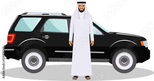 Social concept. Arab man standing near the car in traditional islamic clothes. Detailed illustration of automobile and saudi arabic man on white background in flat style. Vector illustration.