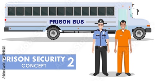 Prison security concept. Detailed illustration of prison bus, police guard and prisoner on white background in flat style. Vector illustration.