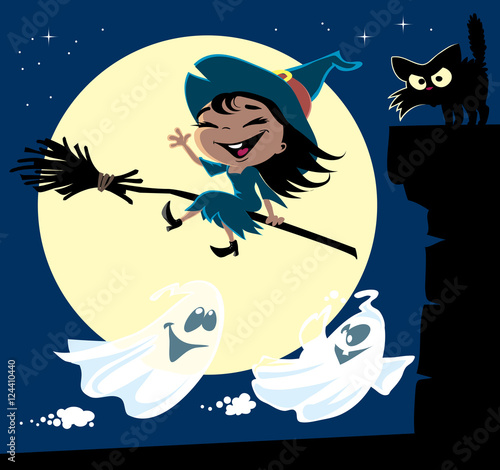 A set of cute little witch flying on a broomstick, black cat on a chimney, a couple of ghosts and the moon. Halloween cartoon vector illustration.