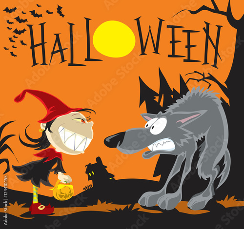 Red Riding Hood and gray wolf. Halloween cartoon vector illustration
