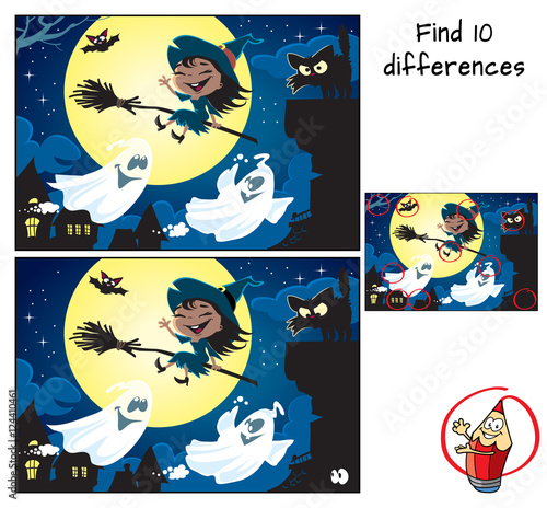 Сute little witch flying on a broomstick, black cat on a chimney, bat, a couple of ghosts and the moon. Find 10 differences. Educational game for children. Halloween cartoon vector illustration.