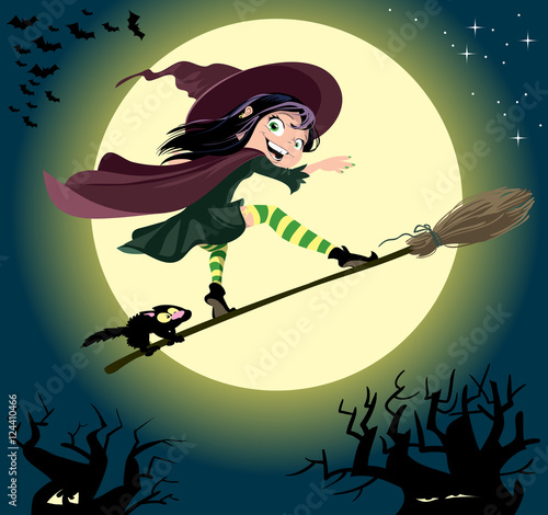 Cute little witch surfs on a broomstick. Halloween cartoon vector illustration.
